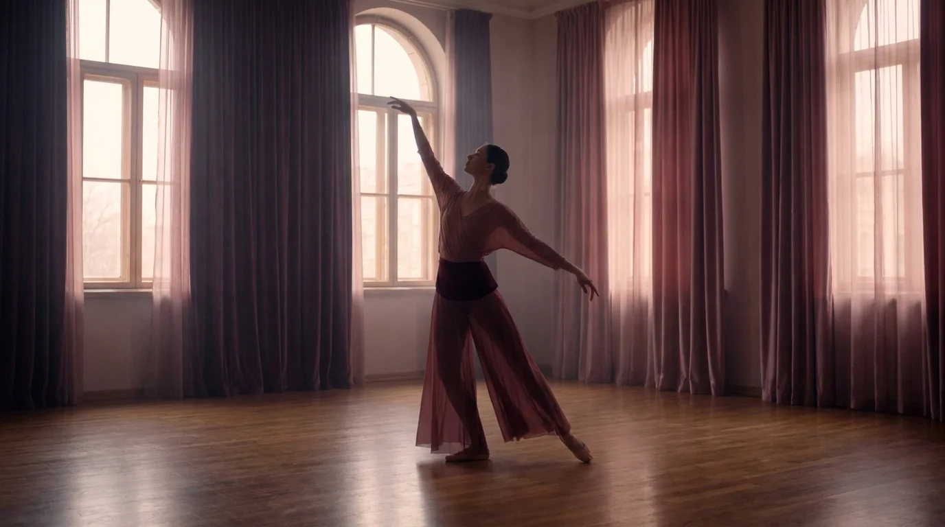 A dancer in a long rehearsal skirt holding an arabesque line in a sunlit studio